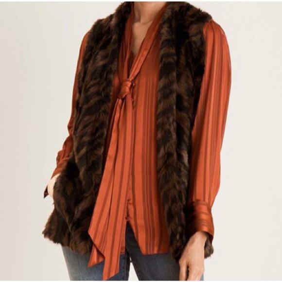 Chico's Tops - Chicos Blouse Womens Medium Bow Shadow Stripe Top Satin Terracotta Rust Sz 1 NWT